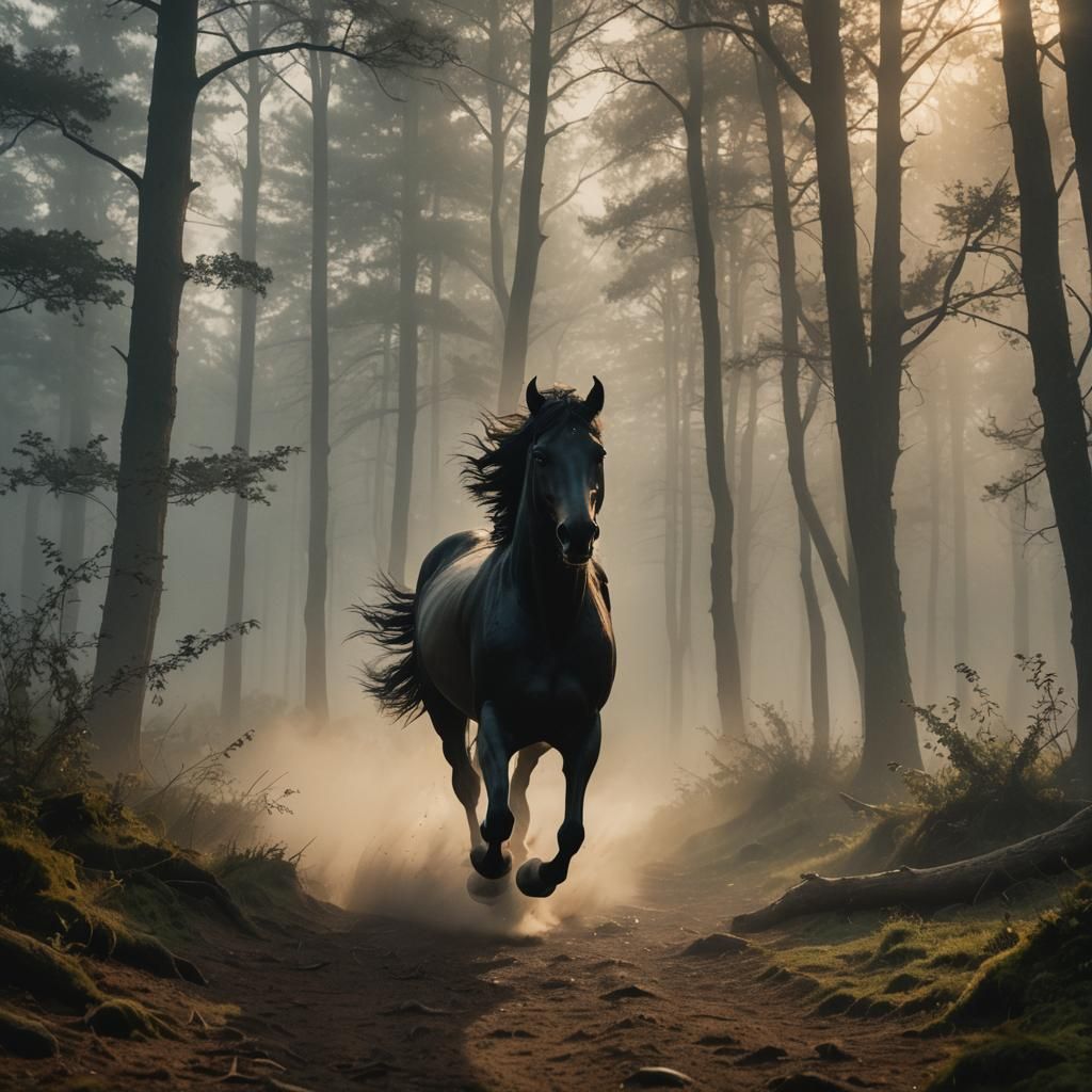 Black Stallion Galloping Through Misty Forest