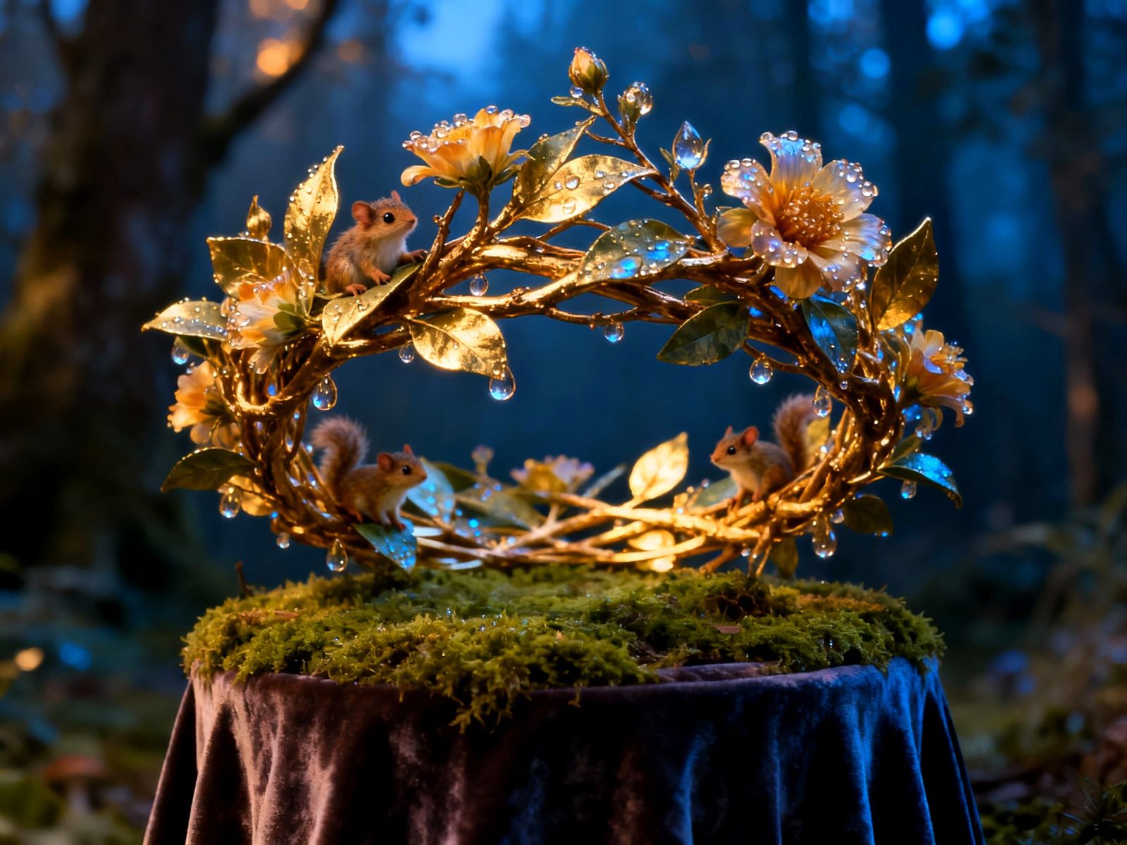 Enchanted Forest Crown with Blooming Flowers in Twilight