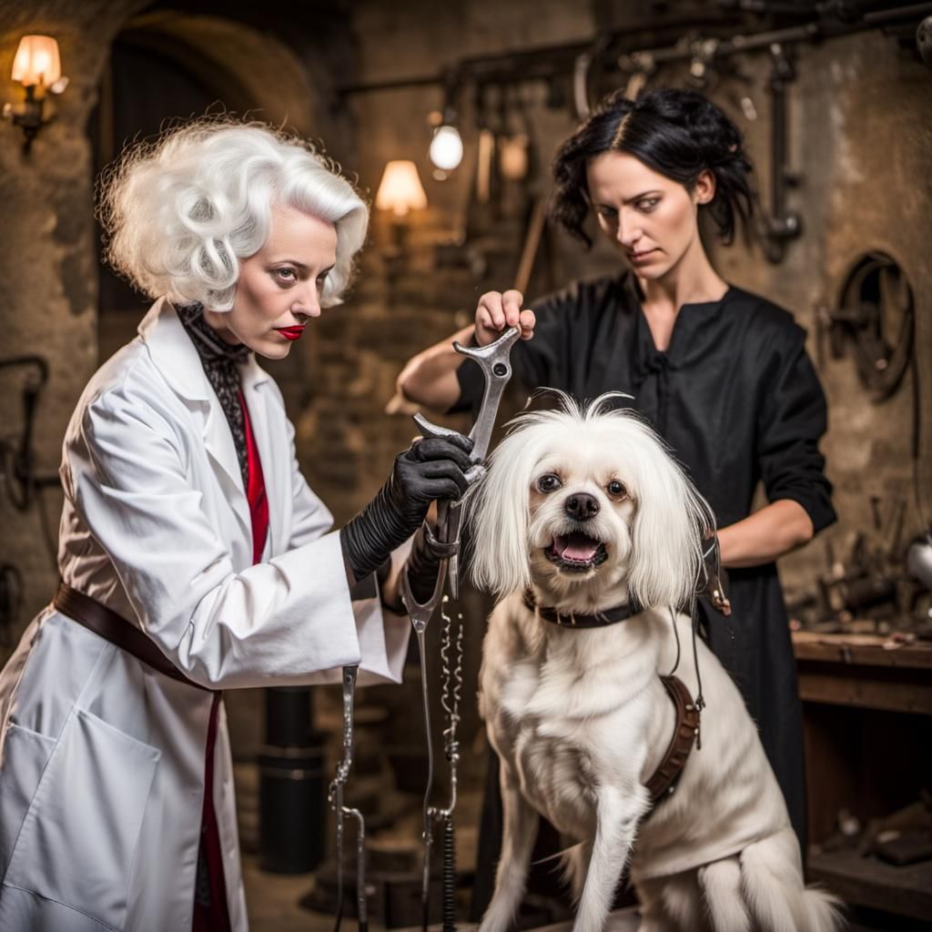 Show Dog Grooming by Mad Scientist in Medieval Chamber