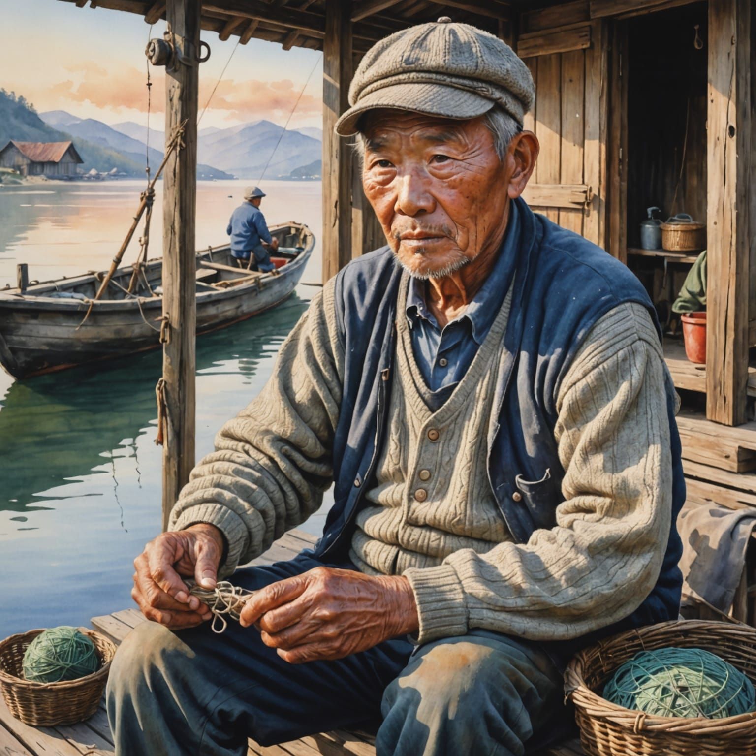 Elderly Chinese Fisherman Mending Net in Watercolor