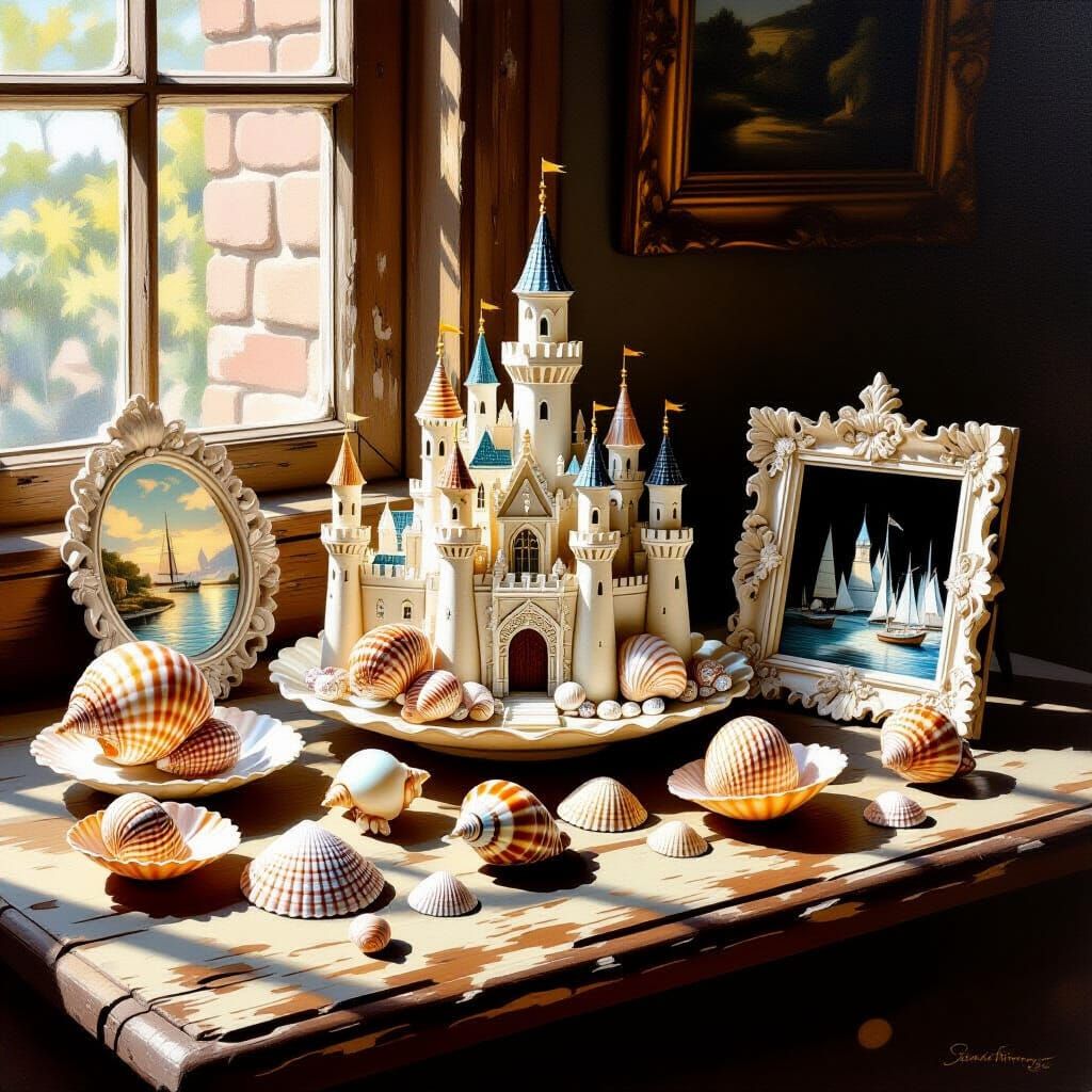 Intricate Seashell Crafts on Wooden Table