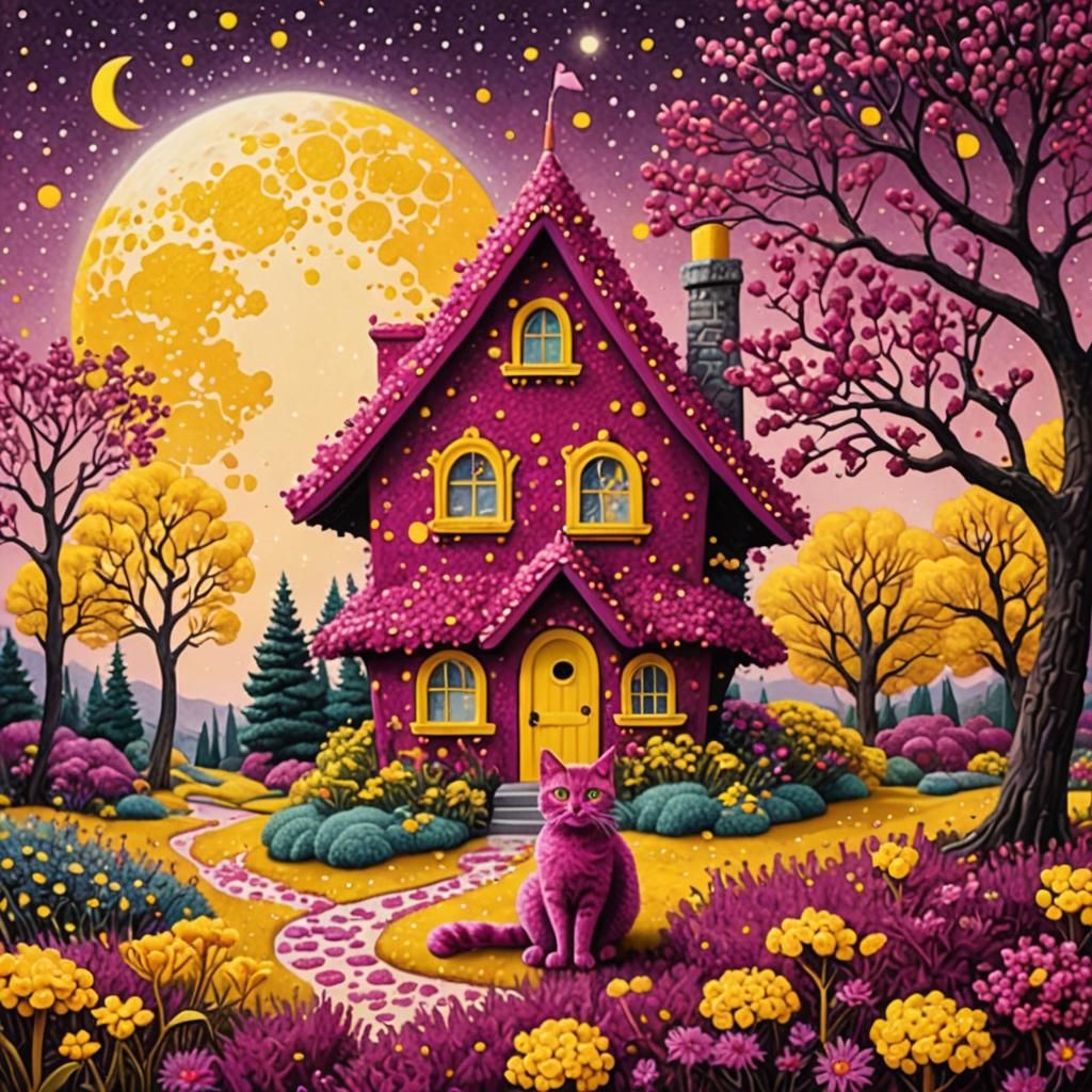 Pointillist Cat and Fairy House in Magenta and Yellow