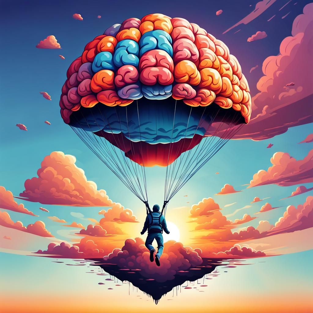 Brain Parachute Sunset: Vector Art T-Shirt Logo