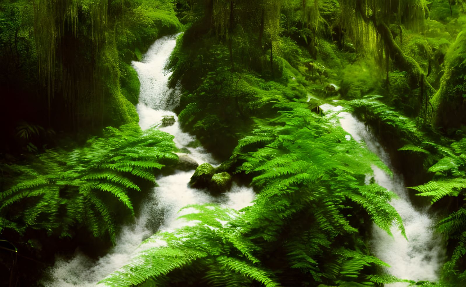 Lush Cliffside with Ferns and Waterfalls