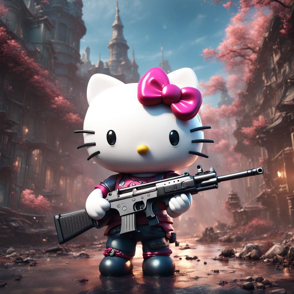 Hello Kitty with Gun: Detailed Matte Painting