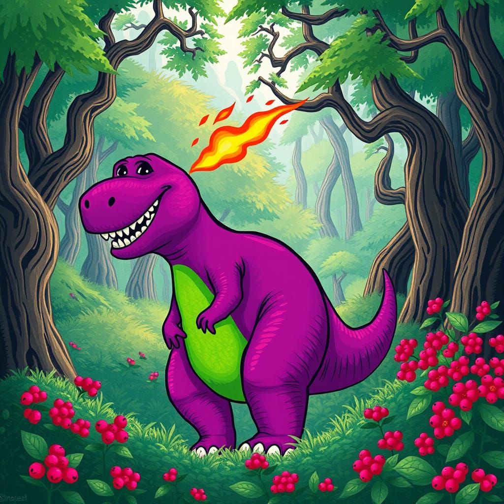 Barney the Dinosaur Spitting Fire, Children's Book Illustrat...