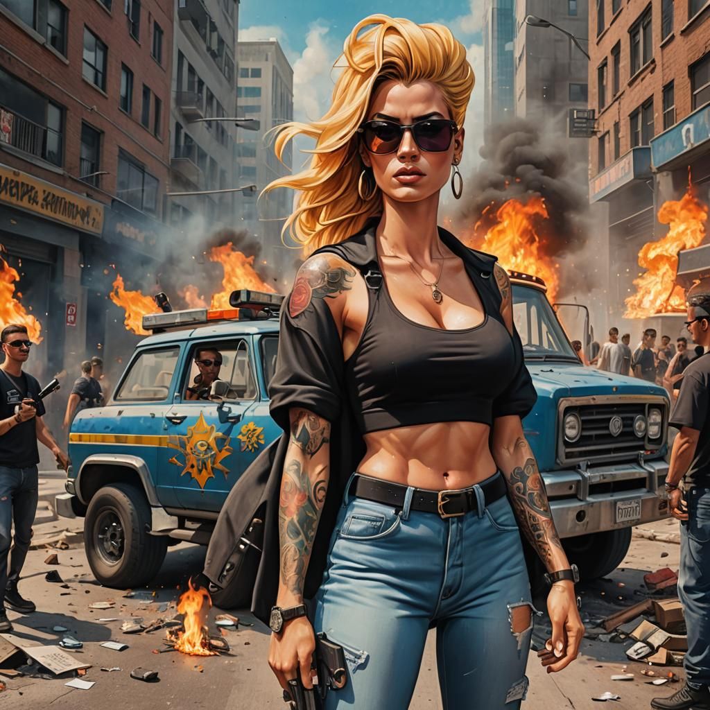 Johnny Bravo in Riot Scene, Hyperrealistic Cartoon