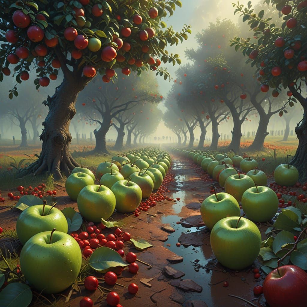 Angry Green Apples Face Happy Red Apples in Misty Orchard