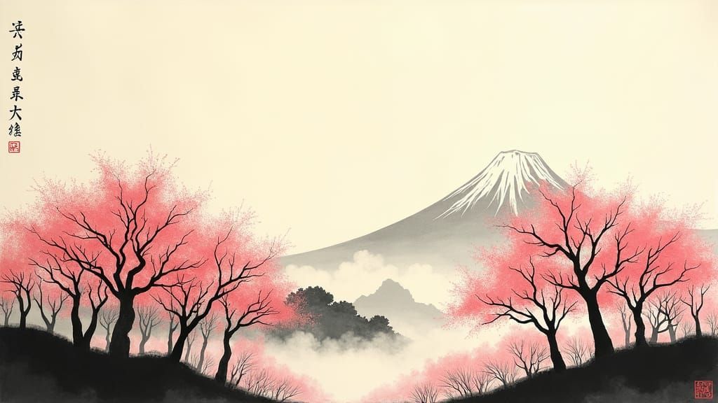 Cherry Blossoms and Mount Fuji: Japanese Ink Art