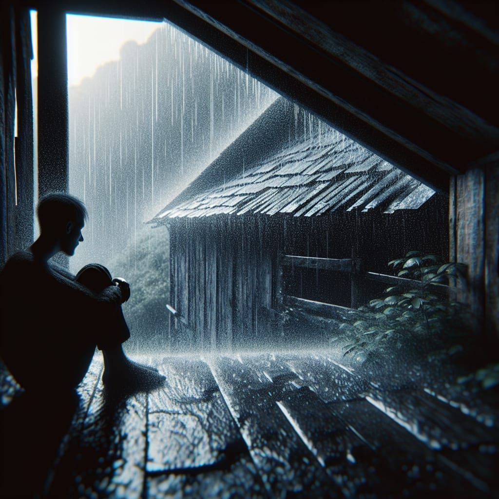 Melancholic Barn Interior with Woman Watching Rain