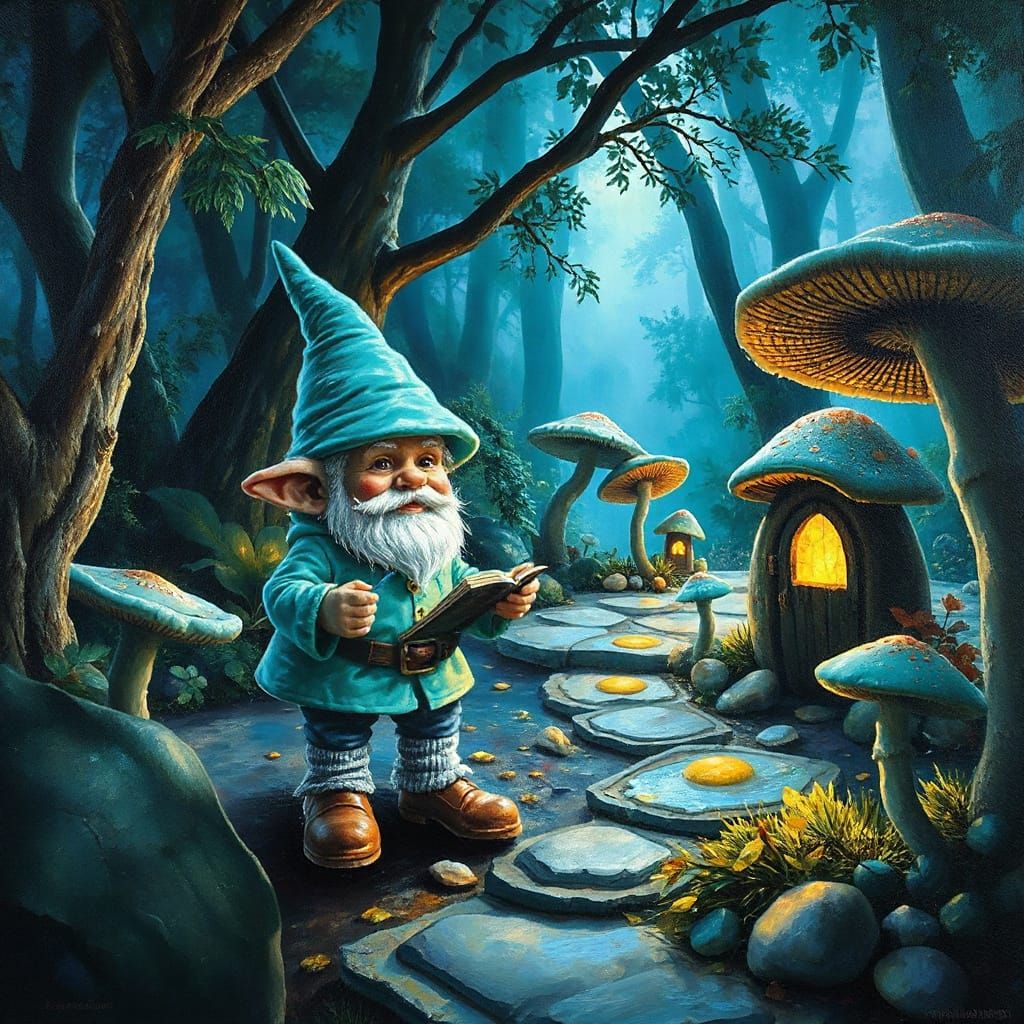 Turquoise Gnome in Bioluminescent Mushroom Village
