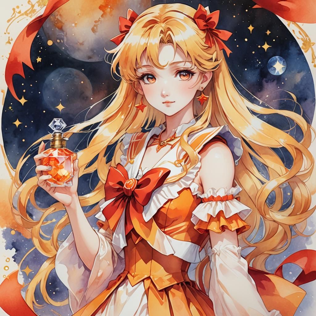 Sailor Venus in Orange Gown, Watercolor Anime Art