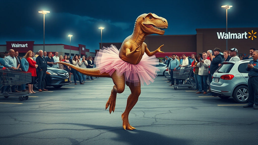 T-Rex Ballerina in Walmart Parking Lot, Hyperrealistic