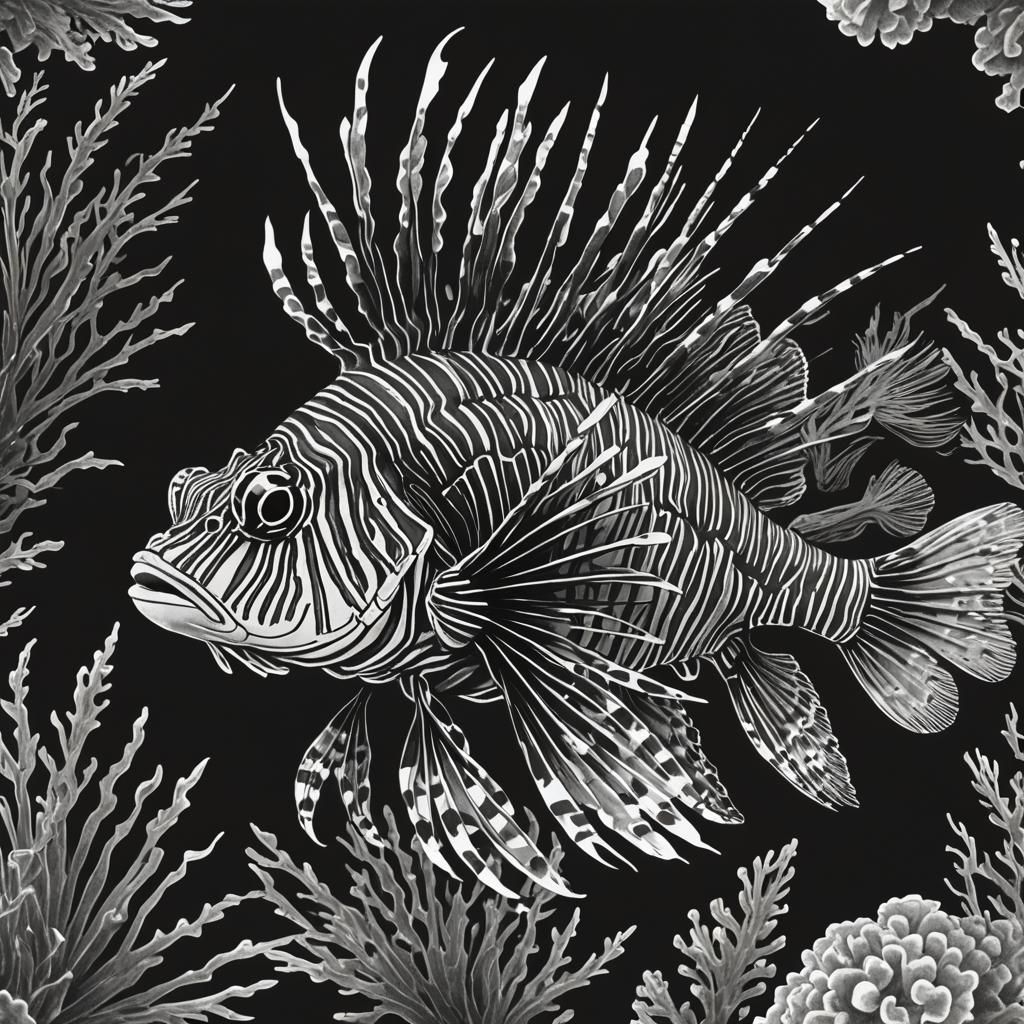 Lionfish Fine Line Art in Black and White