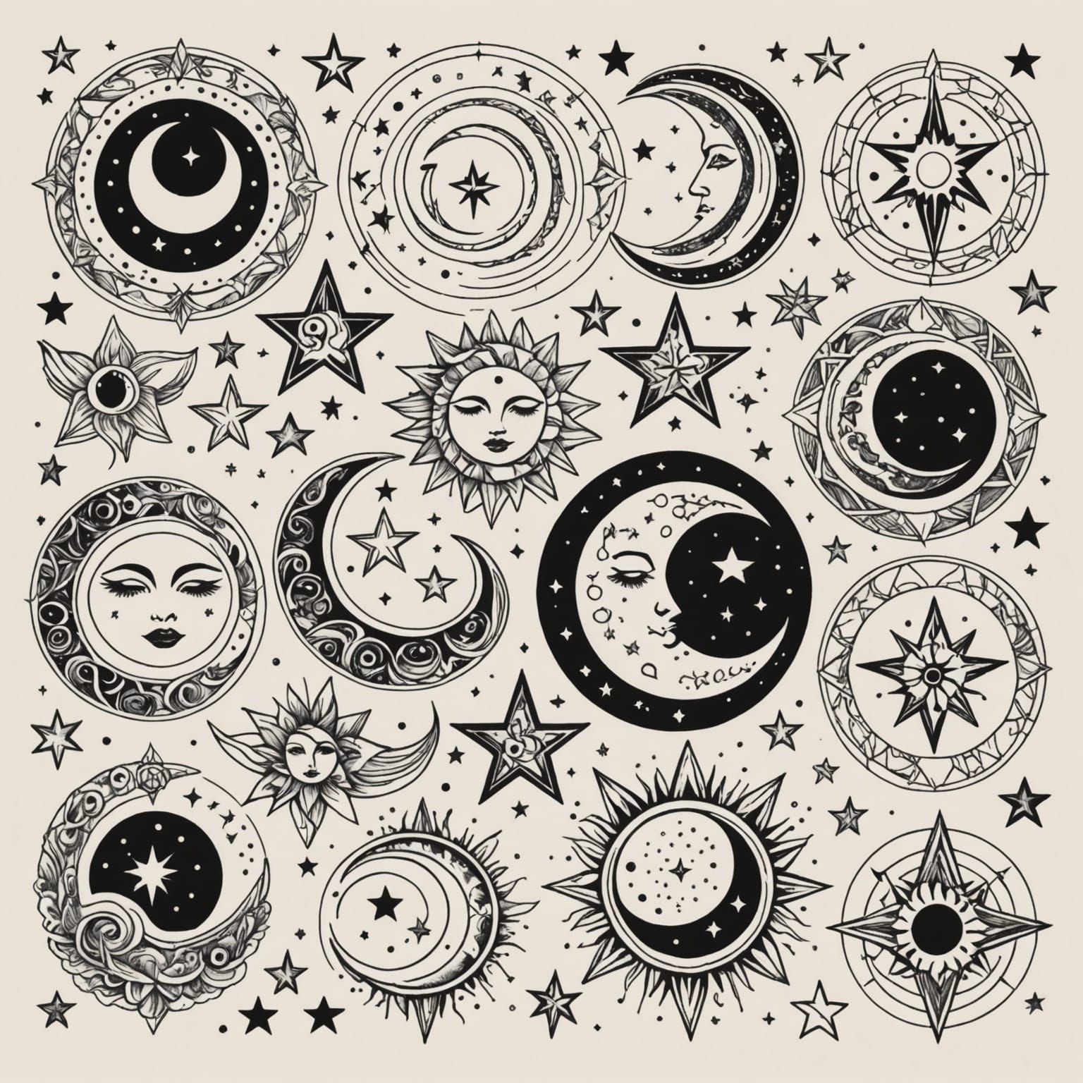 Mystical Tattoo Flash Sheet with Celestial Elements