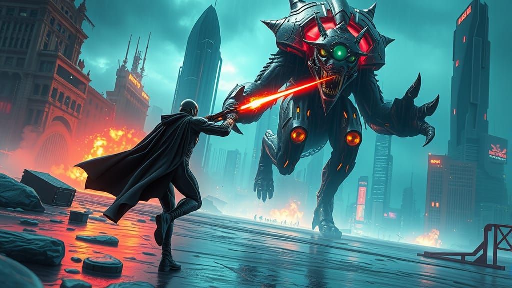 Cybernetic Bounty Hunter in a Neon Cityscape