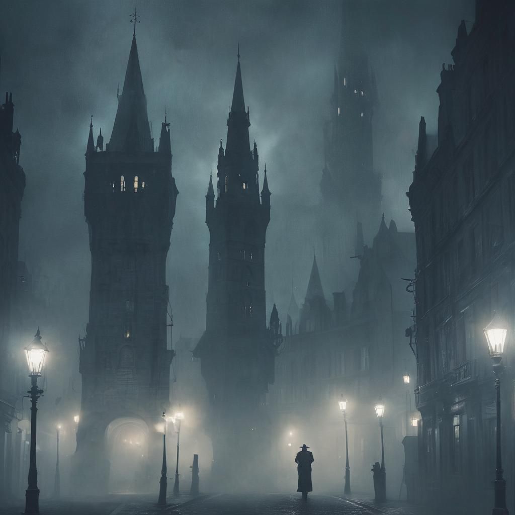 Eerie Dark Tower in Misty City: Surreal Oil Painting