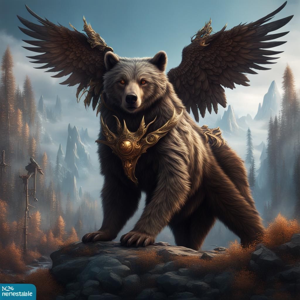 Winged Bear-Wolf Hybrid in Detailed Fantasy Art
