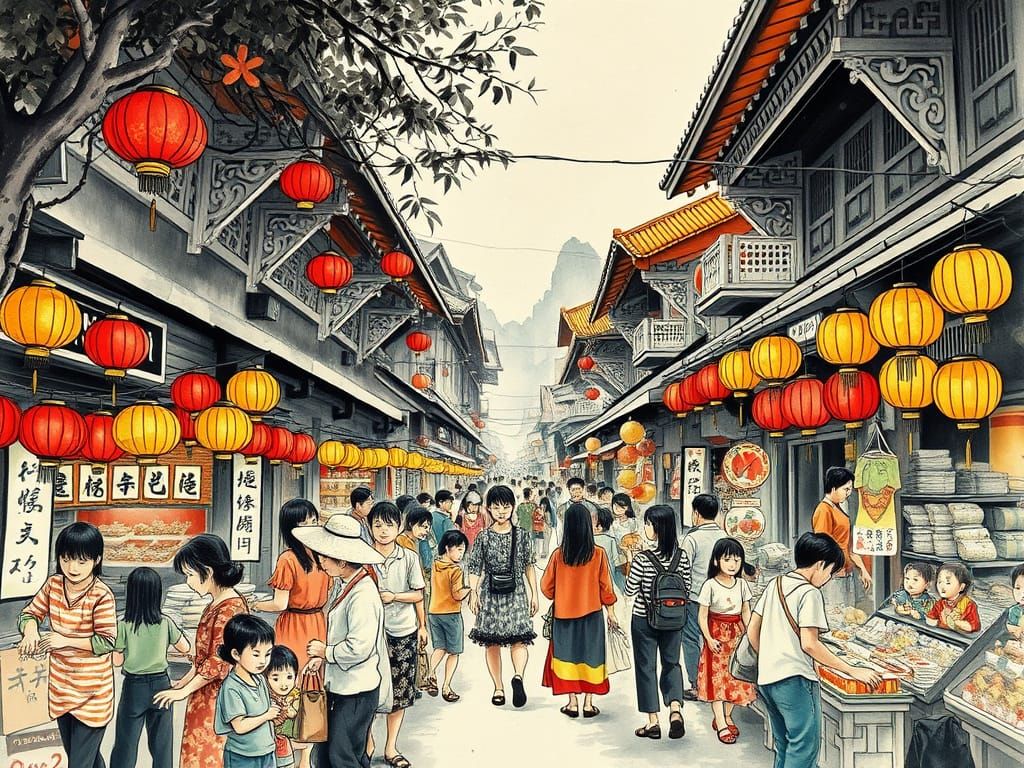 Vibrant Southeast Asian Market Festival in Chinese Ink Style