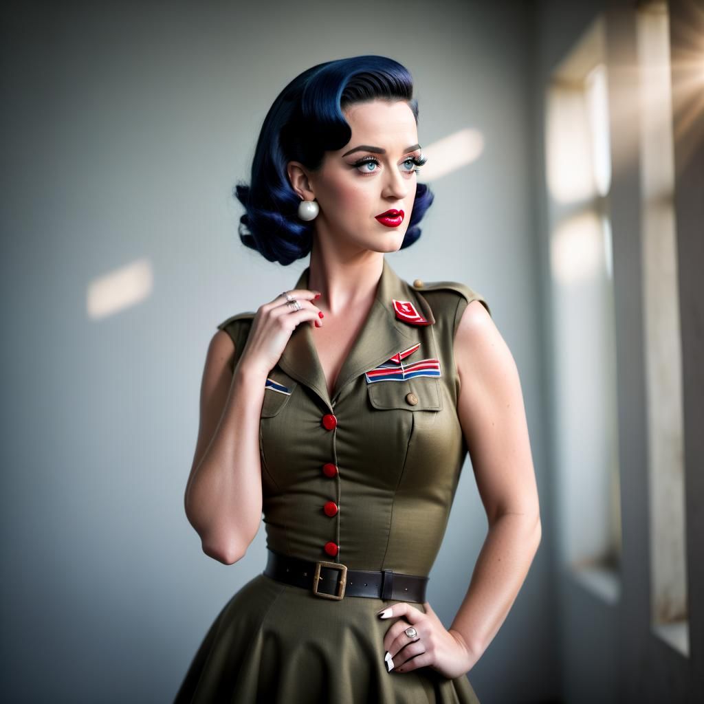 Young Katy Perry dressed as a WW2 pin up girl Professional photography, bokeh, natural lighting, canon lens, shot on dsl...