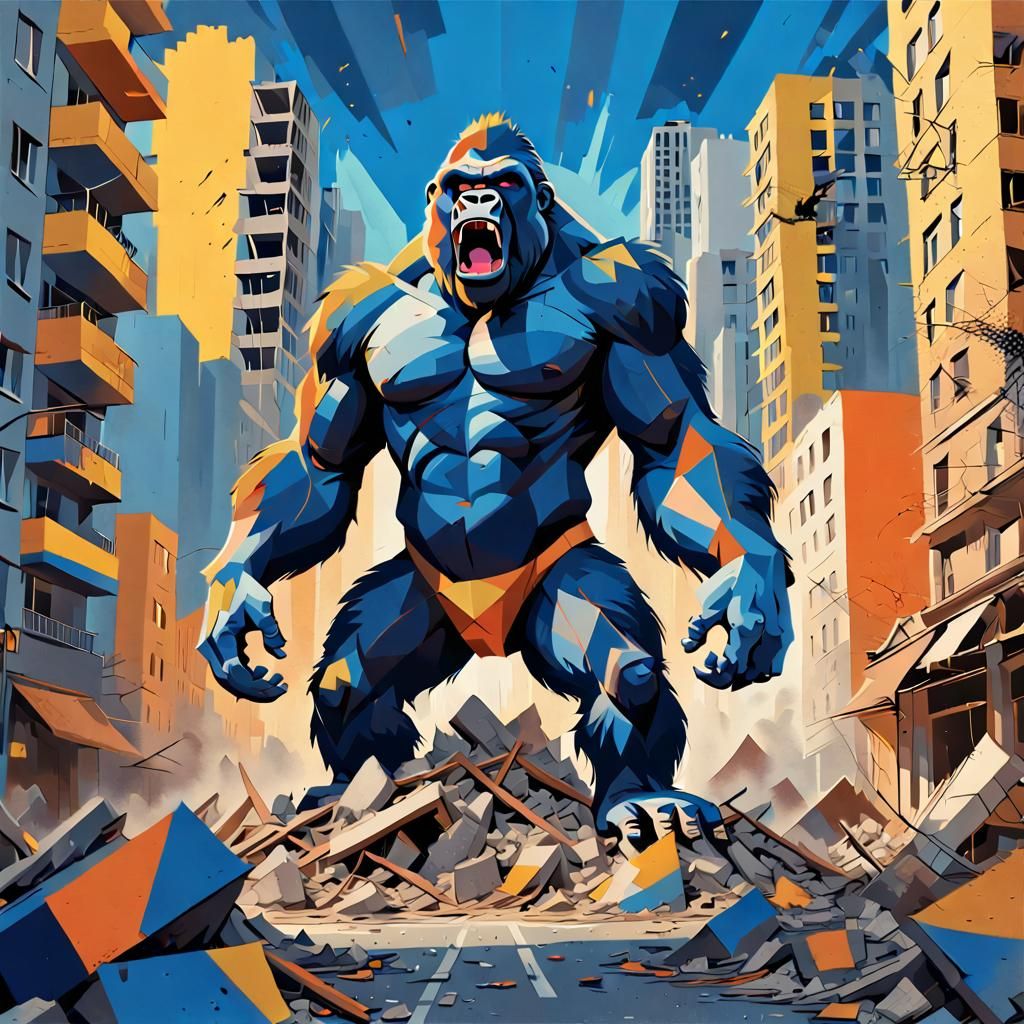 Gorilla Monster in Chaotic Cityscape with Pop Art Influence