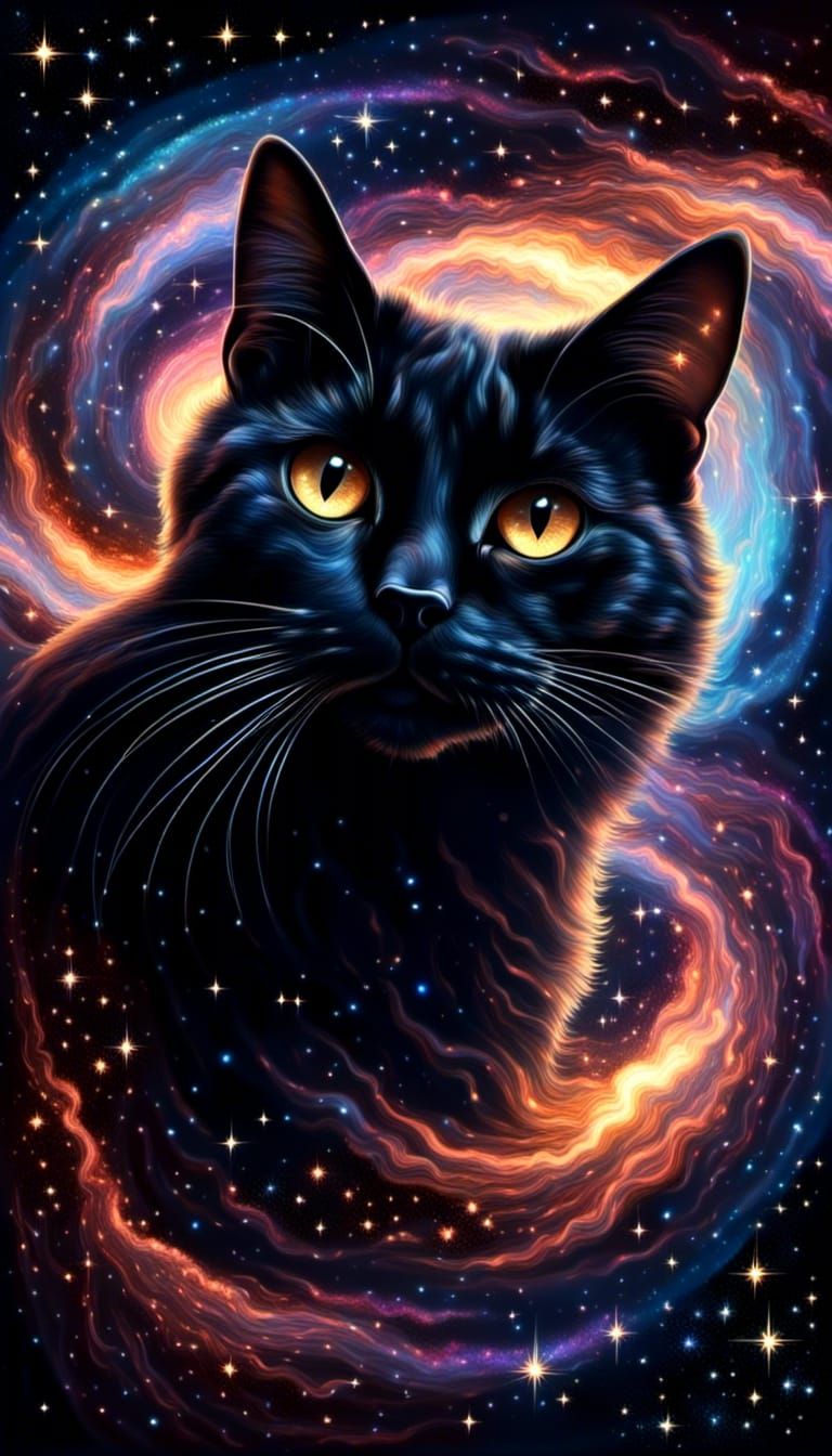 Black Cat Floating in Space, Deep Colors