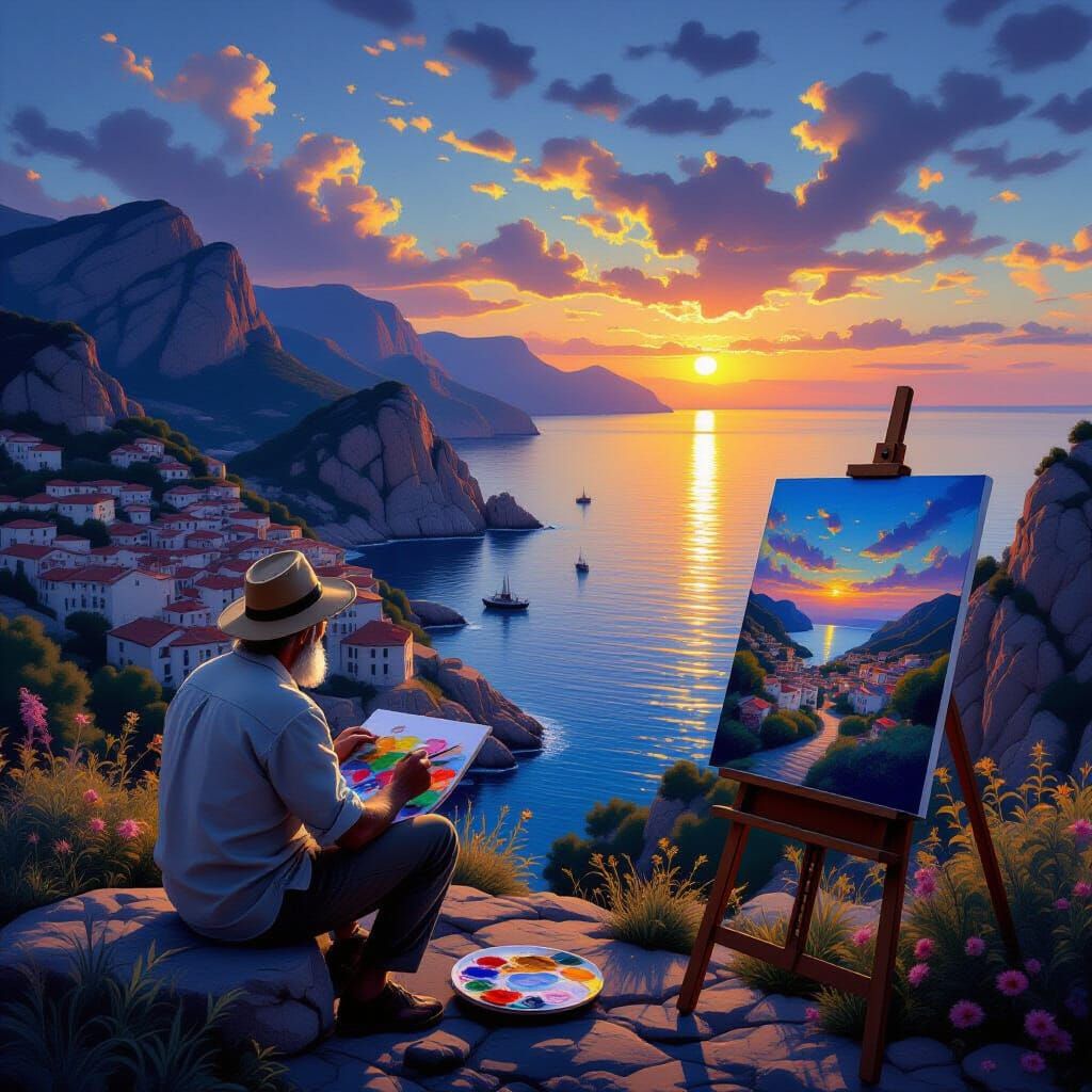 Pastoral Seaside Village Painted at Sunset