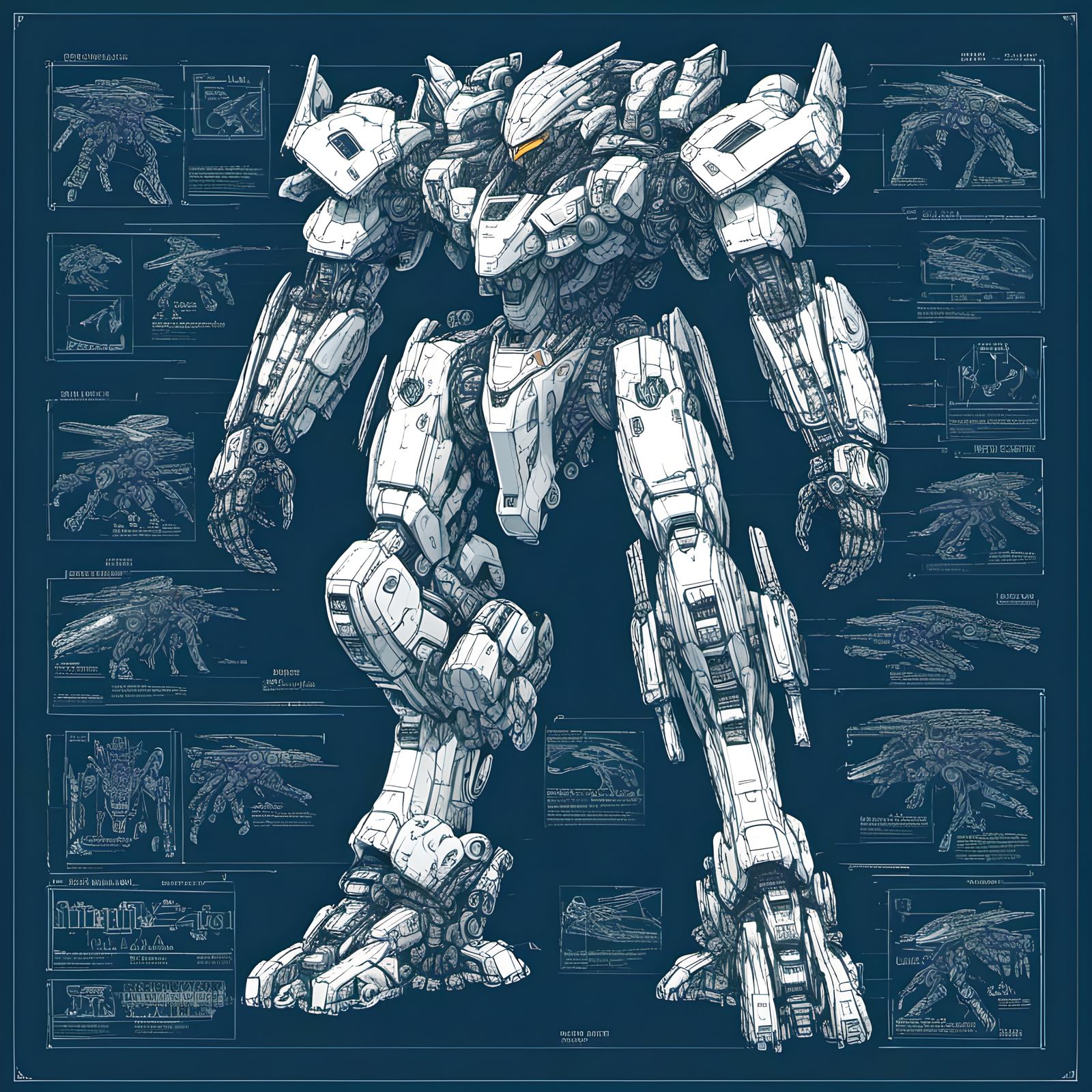 Detailed Lineart Diagram of a Mecha Design