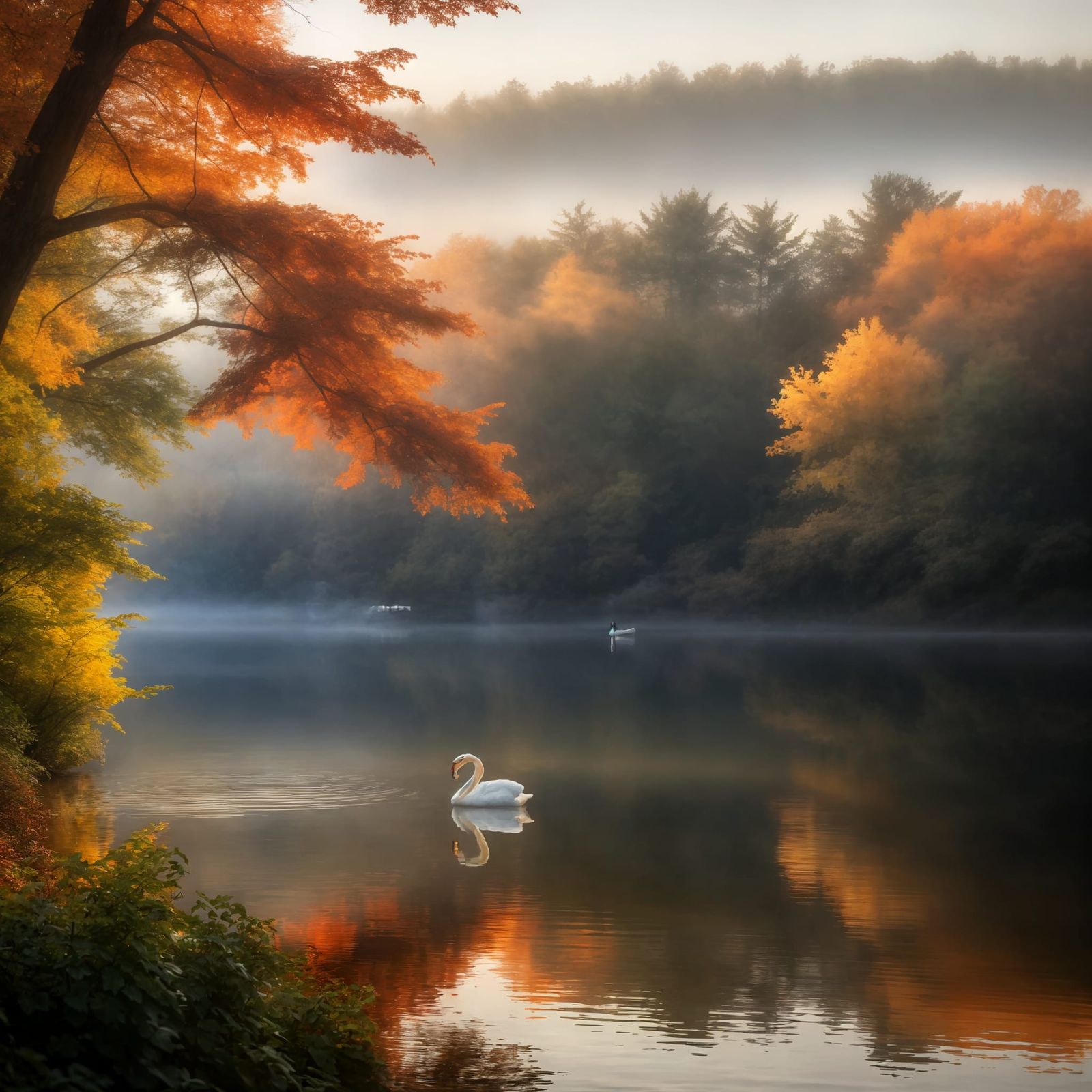 Dreamy Autumn Evening: Couple Embraces on Peaceful Lake Shor...