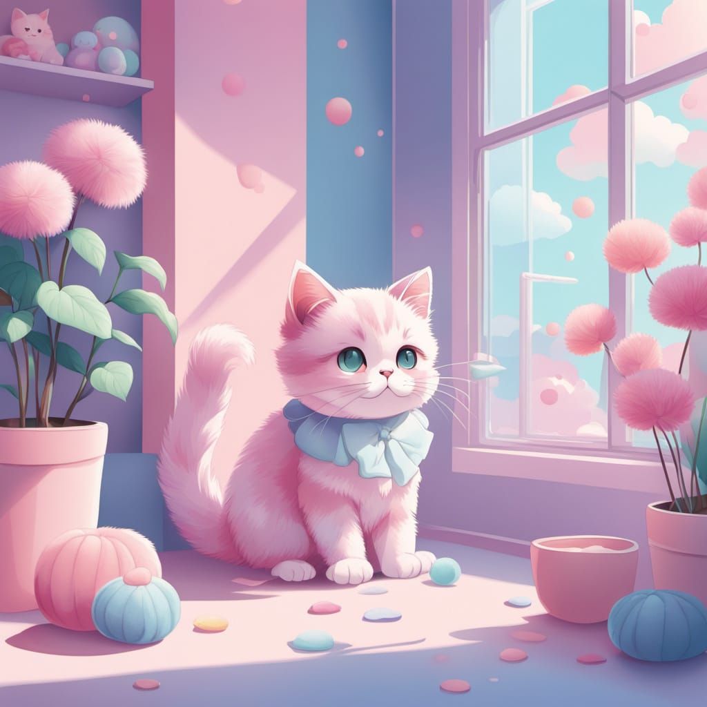 Kawaii Anime Girl Plays with Cats in a Pastel Paradise