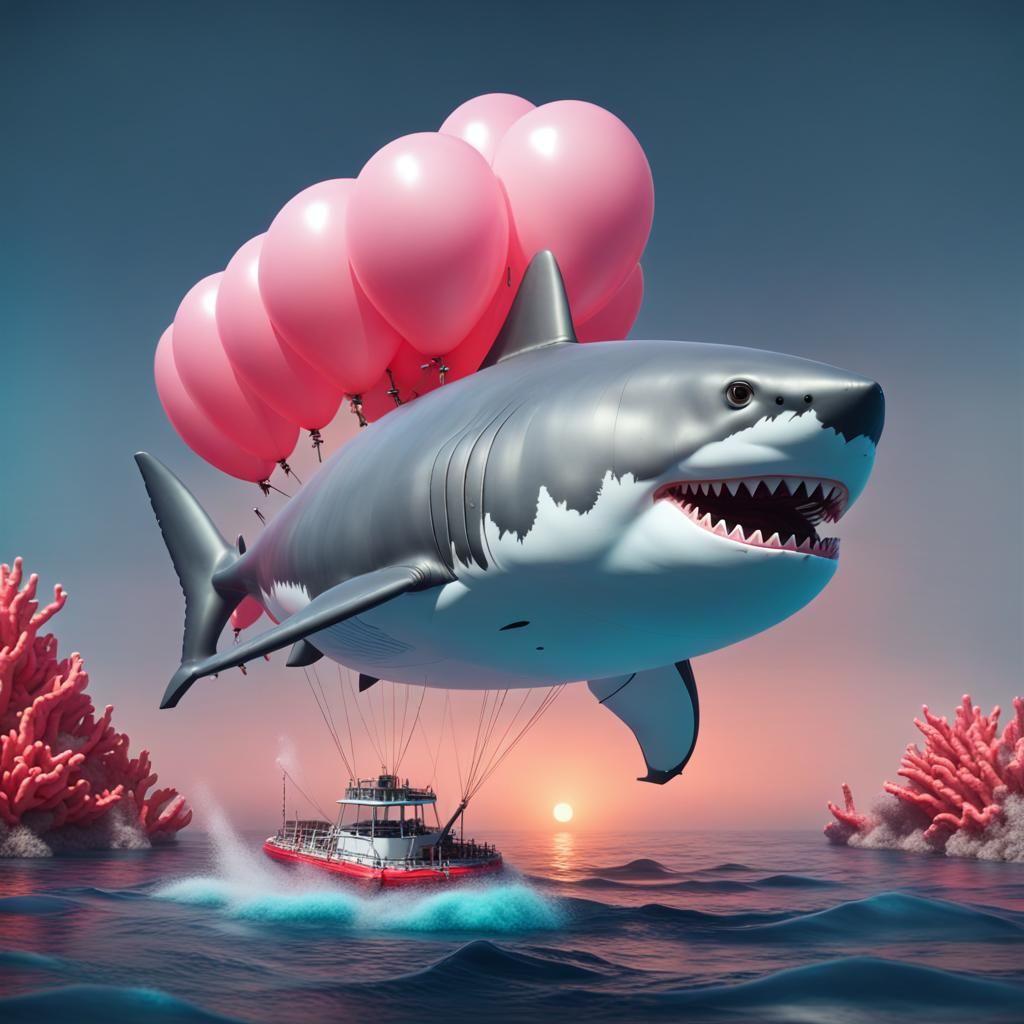 Neon Great White Shark Balloon Over Coral Reef