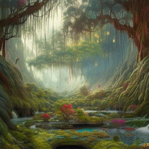 Overgrown Forest River with Sakura Trees