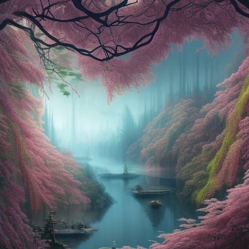 Overgrown Forest River with Sakura Trees in Gouache