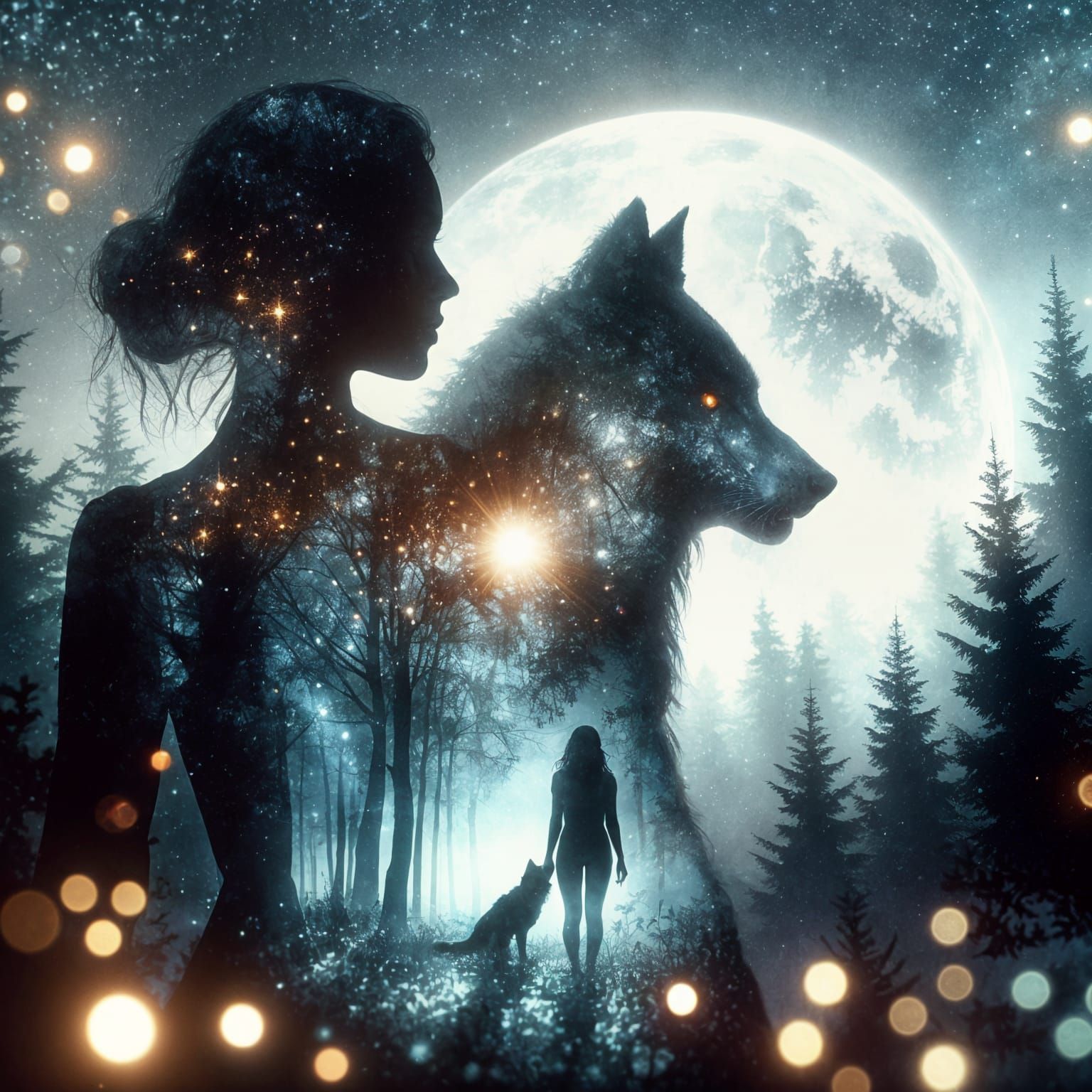 Mystic Silhouette: Werewolf and Moon in Watercolor