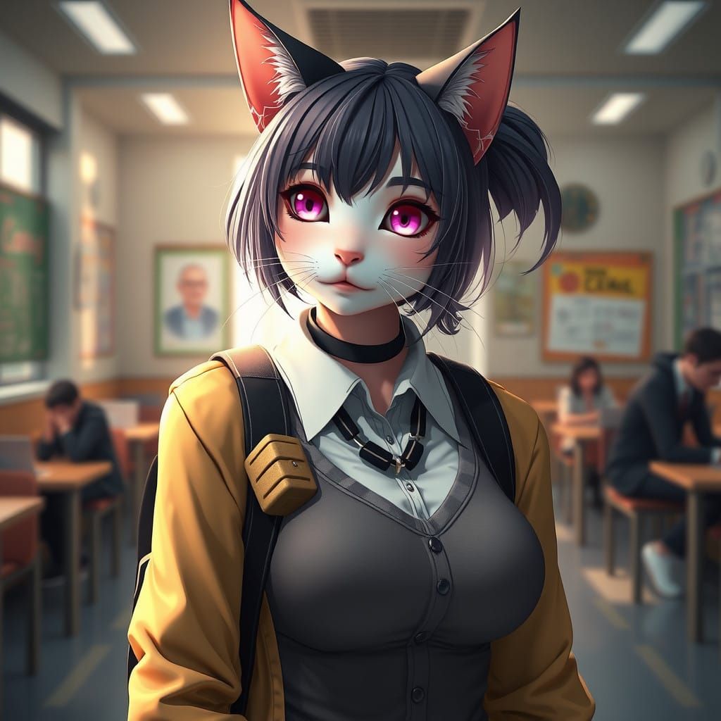 Anime-Inspired 3D Concept Art of Cat Woman in a School Setti...
