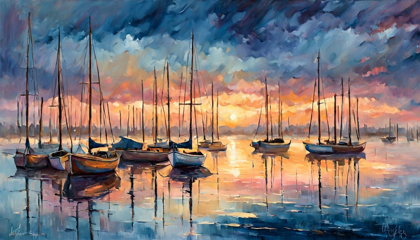 Dreamlike Twilight Harbor Oil Painting