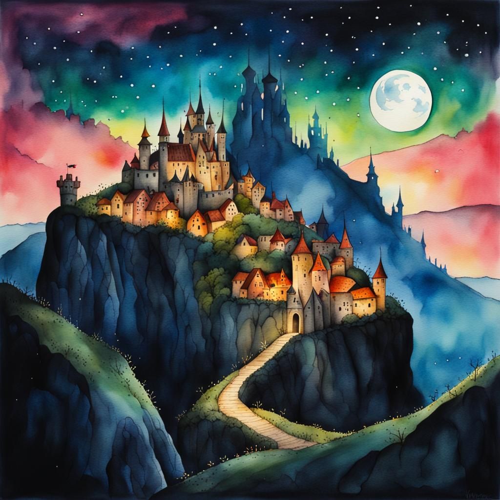 Fantasy village at night