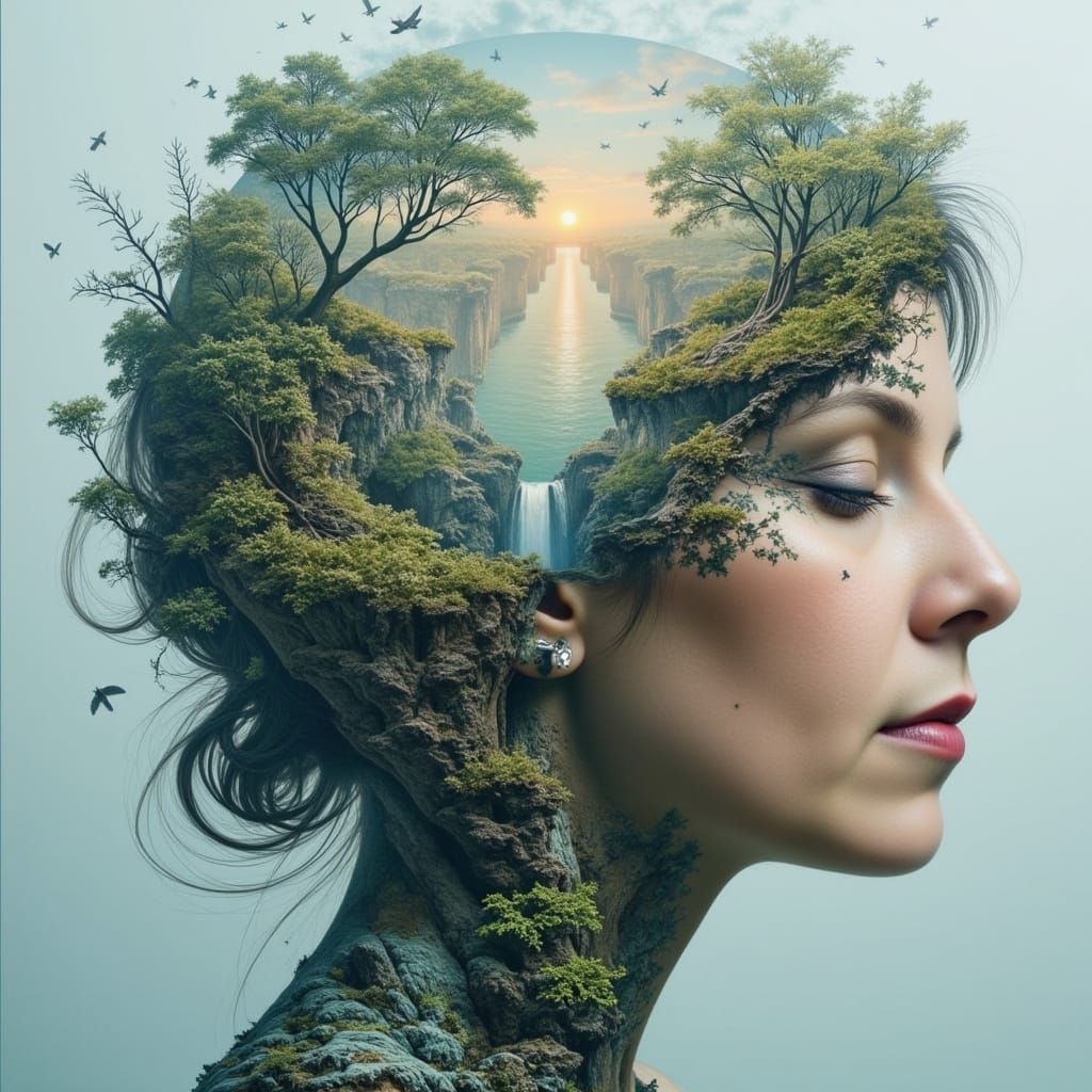 Detailed Illusionary concept art of Inside the head of a Wom...