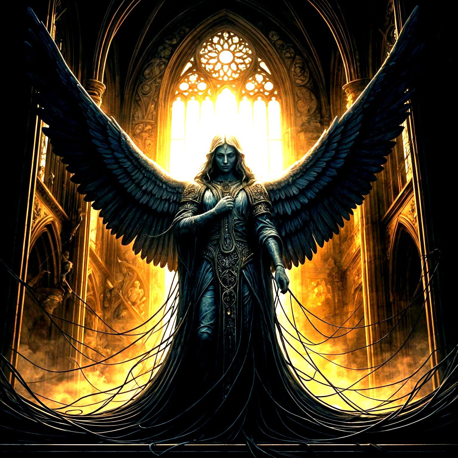 Baroque Angel Amidst Gothic Ruins in Ethereal Light