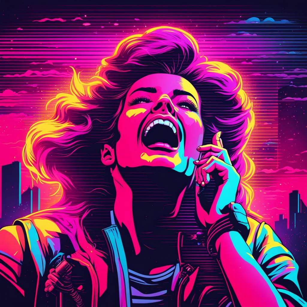 Woman Screaming in Synthwave Neon Retro Style