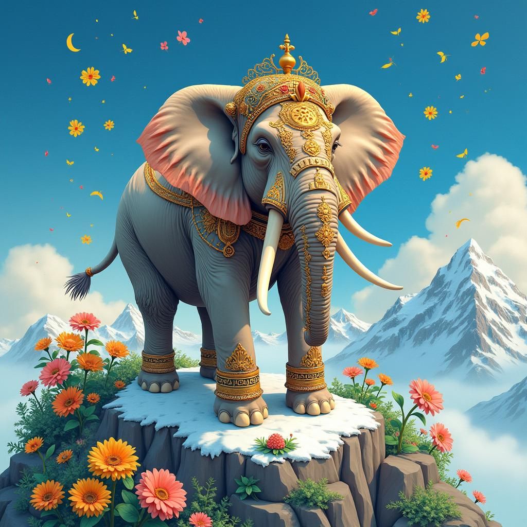 Regal Elephant on Mountain Peak in Dreamlike Style