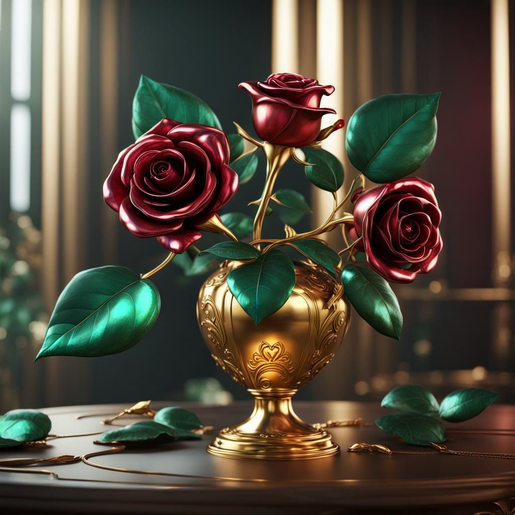 Metallic Gold Rose with Emerald Leaves