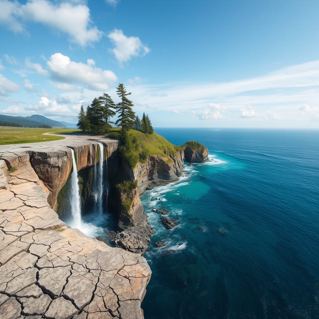 Yin-Yang Landscape with Waterfalls and Ocean