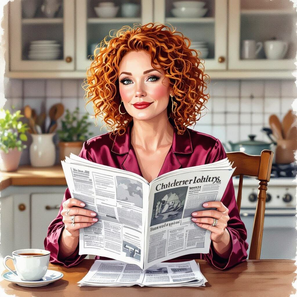 Watercolor of Woman Reading Newspaper in Kitchen