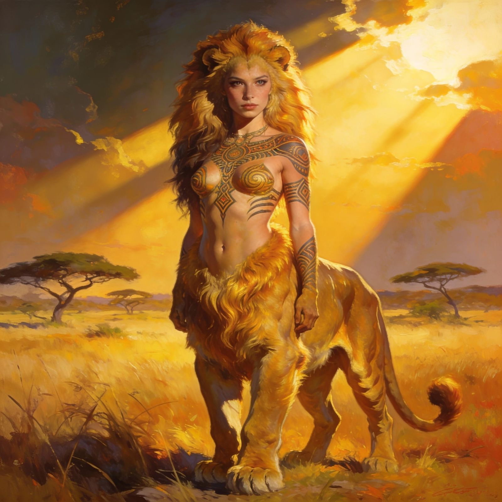 Lioness Warrior Woman in Savannah