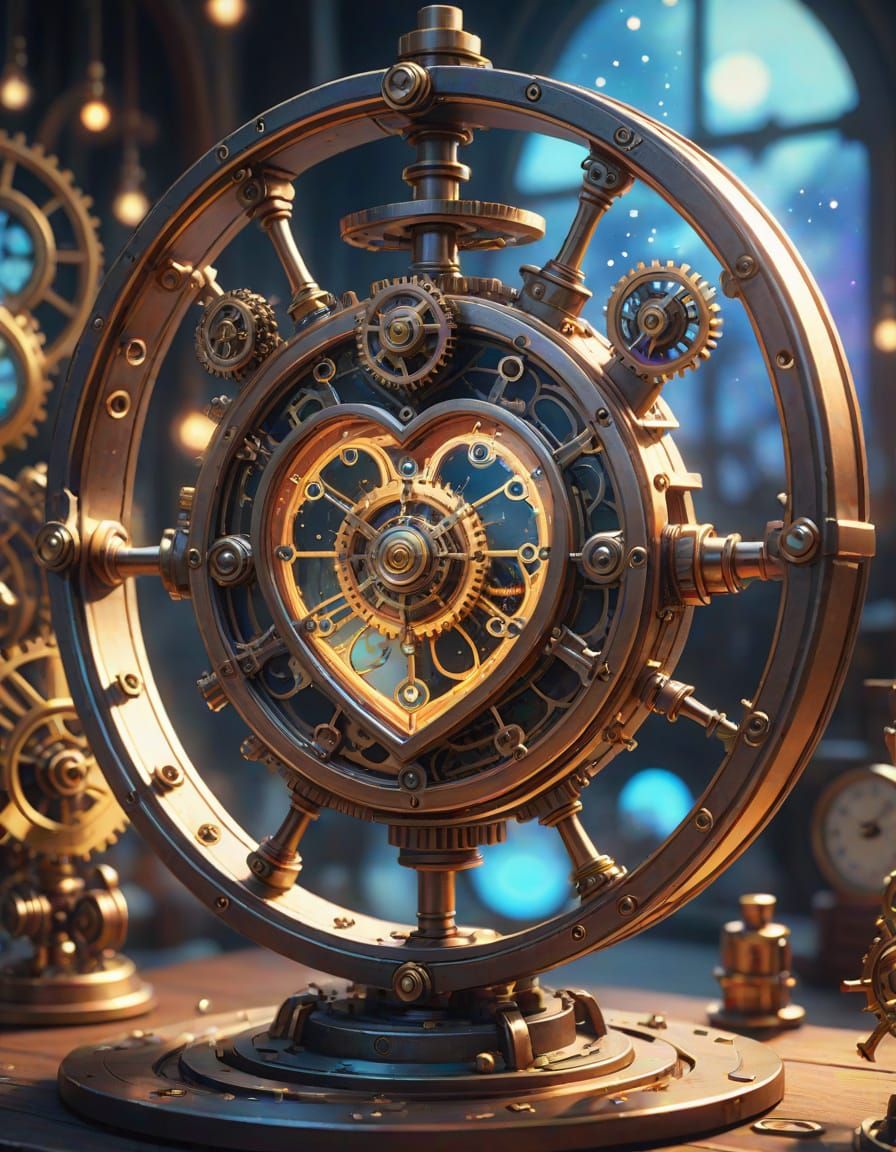 Steampunk Celestial Heart in Watercolor Style