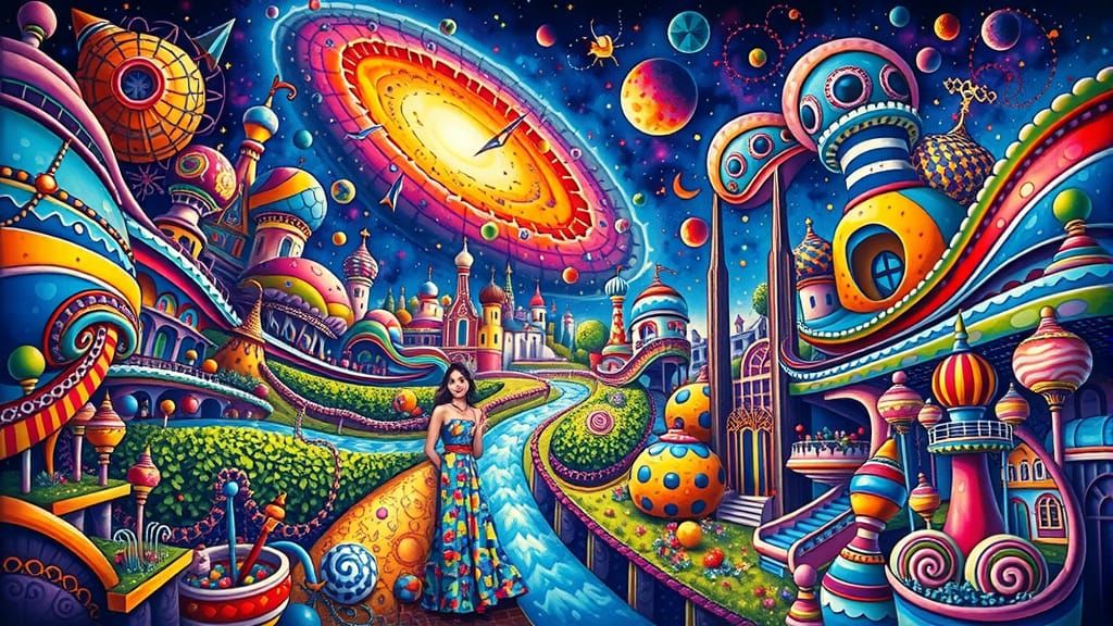 Eclectic Woman in Hundertwasser-Inspired Spiral Garden