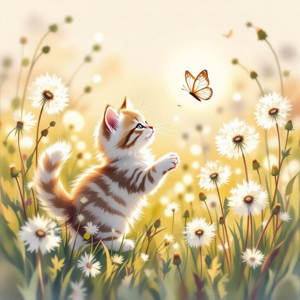 Moonlit Kitten's Whimsical Watercolor Adventure