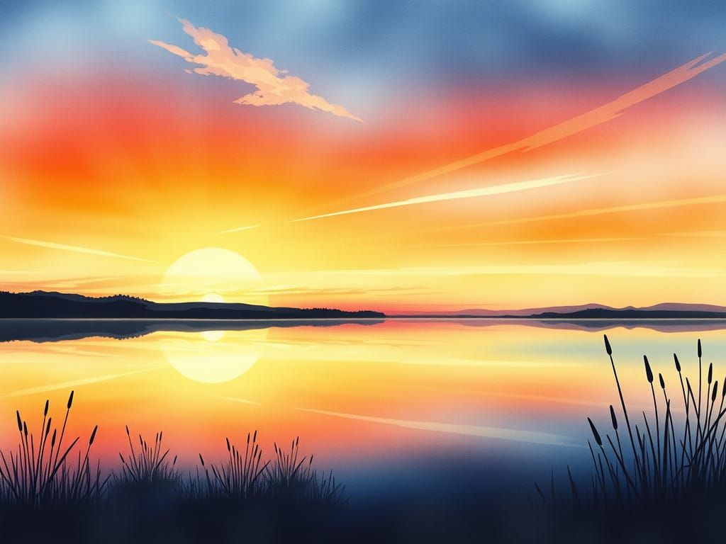Surreal Sunset Lake in Watercolor Style