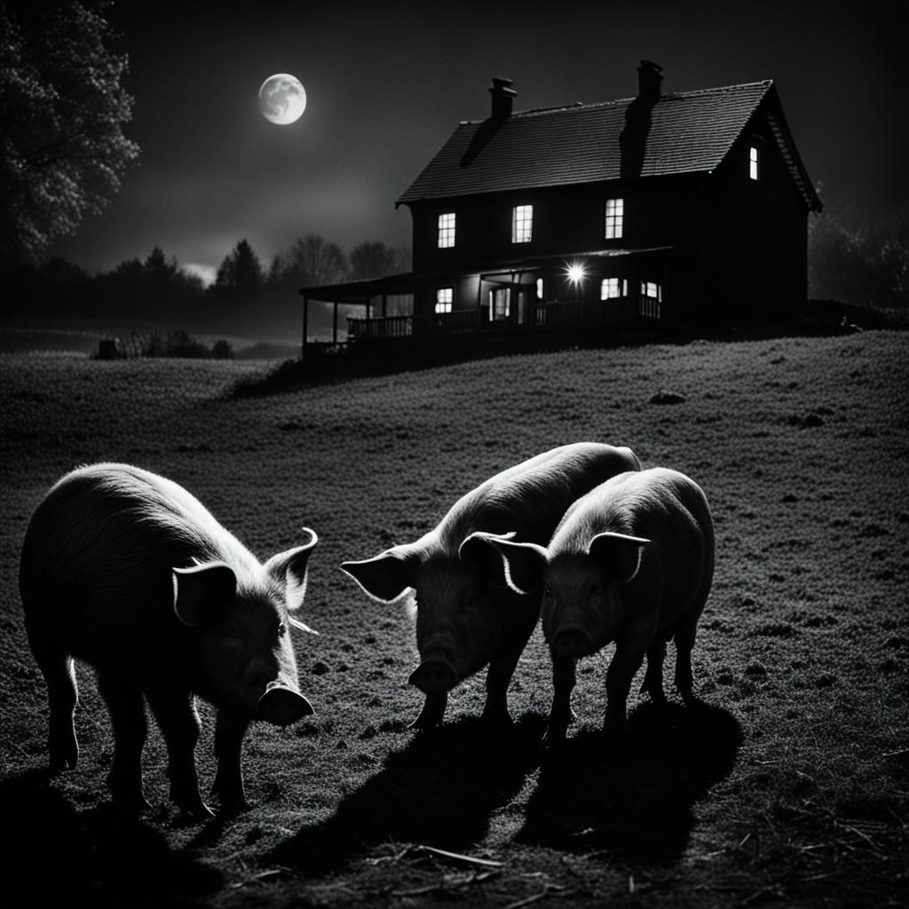 Pigs Gaze at Farmhouse: High Contrast Film Still